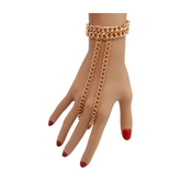 Women Gold Metal Hand Chain 2 Rows Bracelet Connected Ring
